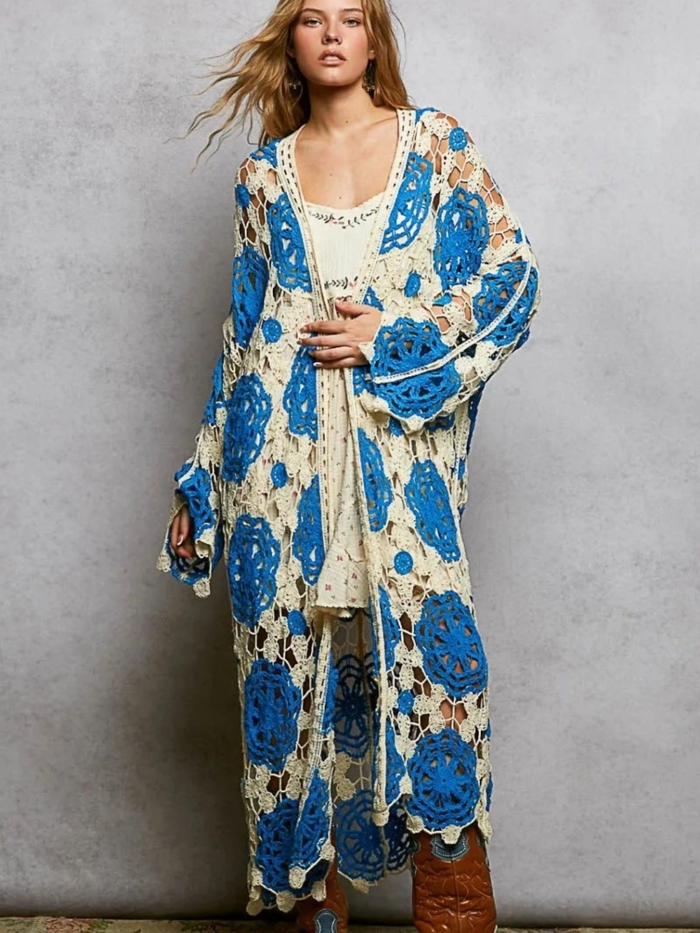 New POL Boho Crochet Long Cardigan